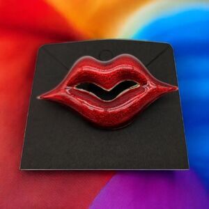 Rare Candy Apple Red Enameled Kissy Lips Pendant Brooch Pin Retro Glam Vintage